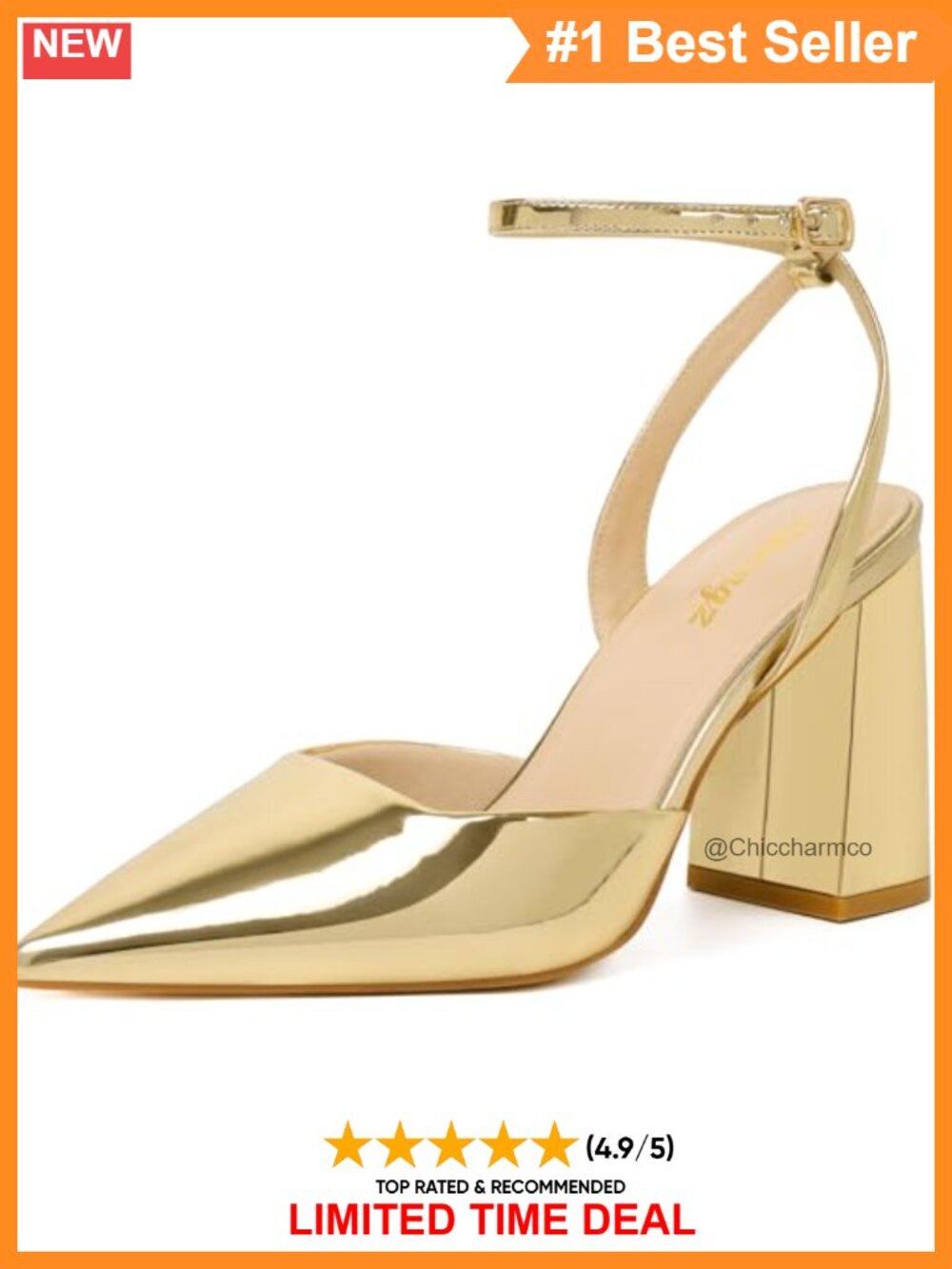 Patent Leather Block Heel Slingback Pumps Pointed Toe Ankle Strap Dressy Heels
